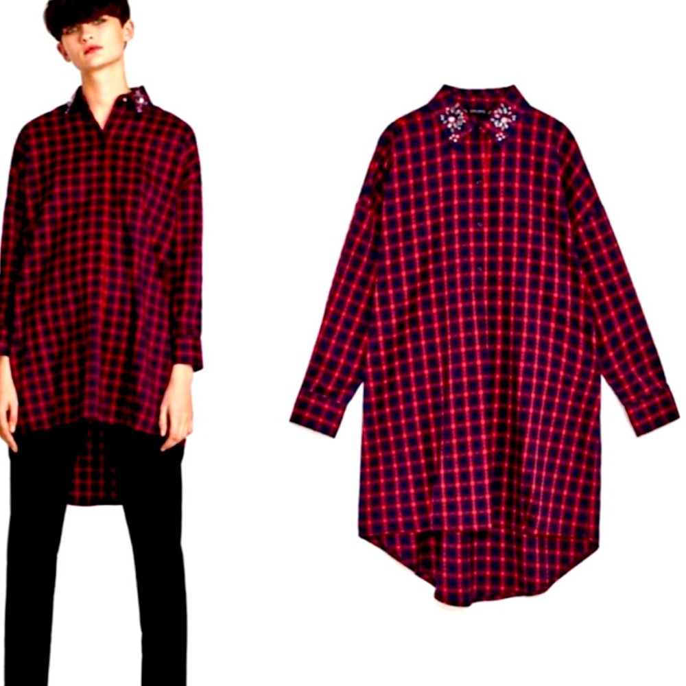 ❤️ Zara Plaid Rhinestone Dress Shirt Small